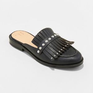 Black Fringe Loafer Mules